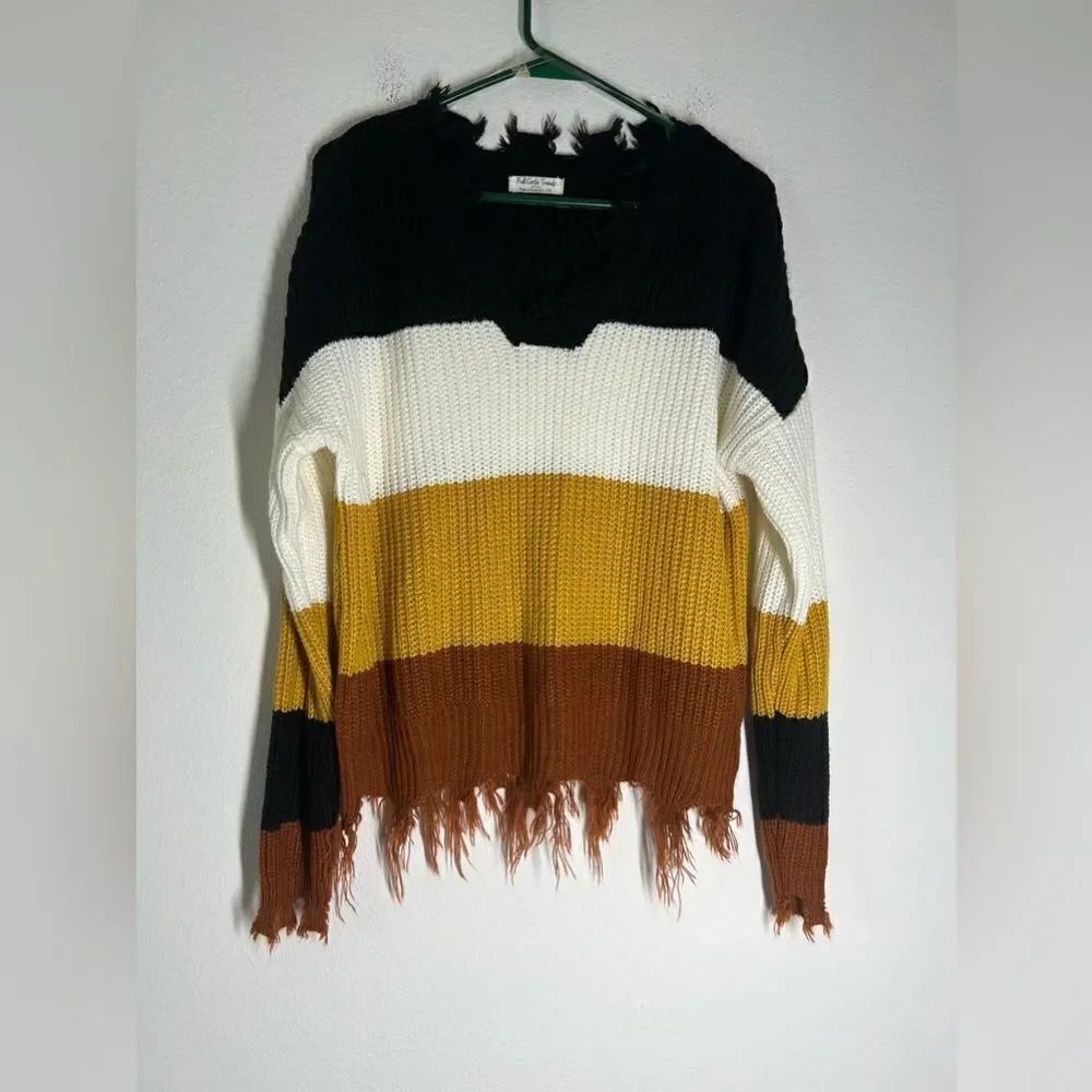 Full Circle Trends Multicolored Striped Distressed Sweater , V Neck Size 2X